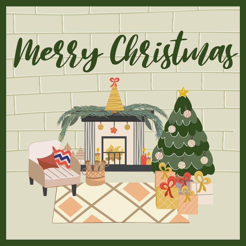 gezellige kerst woonkamer met kerstboom, open haard en scandinavische stijl fauteuil ansichtkaart of poster met inscriptie. nieuwjaarsdecoraties, slingers, gifts.vector illustratie in vlakke stijl vector