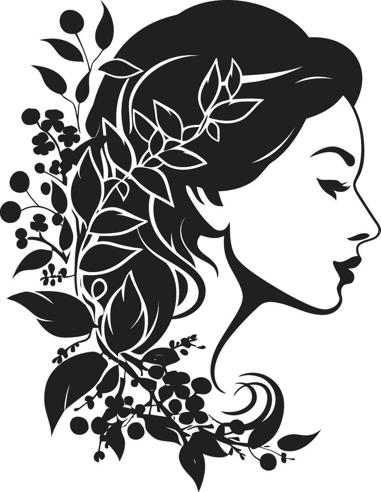 bloemblaadjes van evenwicht zwart logo ontwerp met een dames gezicht in bloemen bloeiende charme vector symbool van een zwart bloemen vrouw gezicht