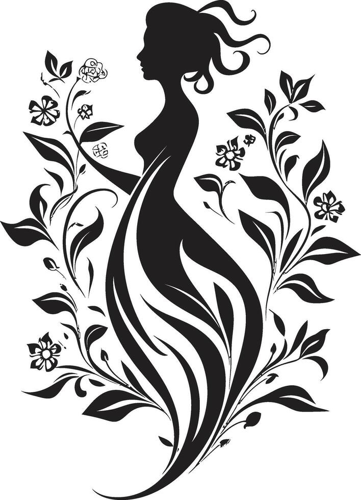 vrouwelijk floreren vector symbool van een zwart bloemen vrouw gezicht stralend roos een zwart logo ontwerp presentatie van bloemen vrouw gezicht