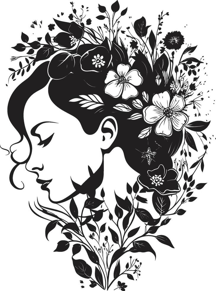bloeiende genade zwart logo ontwerp met een vrouwelijk bloemen gezicht bloemblaadjes van kalmte vector symbool van een dames gezicht in zwart