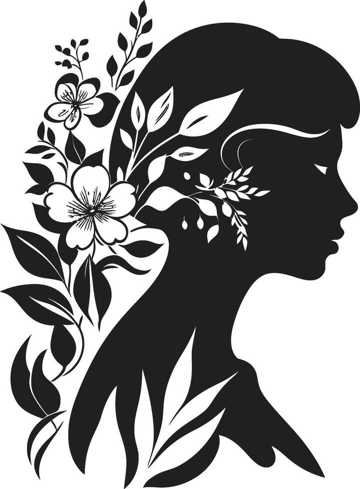 bloesem elegantie zwart logo ontwerp met een bloemen vrouw gezicht vrouwelijk floreren vector symbool van een zwart bloemen vrouw gezicht