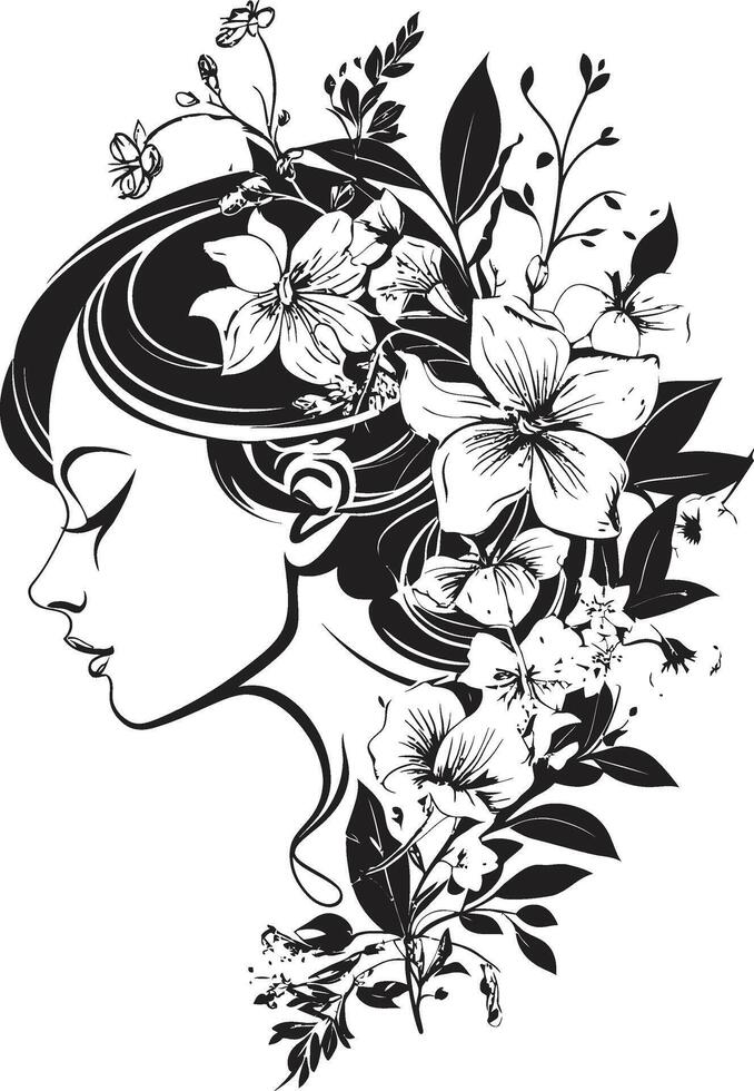 bloemblaadjes van kalmte vector symbool van een dames gezicht in zwart bloemen harmonie zwart logo ontwerp omarmen dames gezicht met elegantie