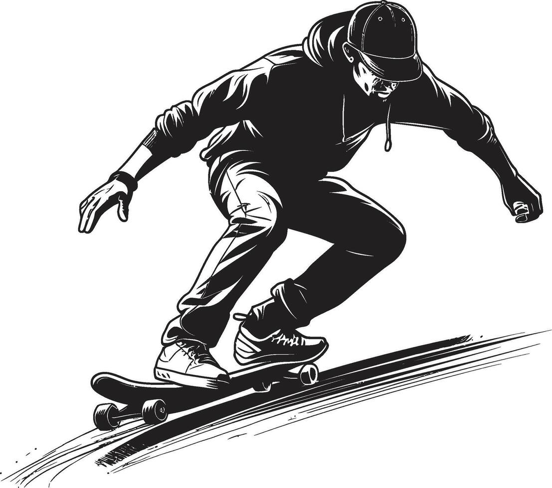 rollend opstand zwart logo ontwerp met een skateboarden Mens skateboard symfonie vector zwart symbool uitdrukken de ritme van rijden