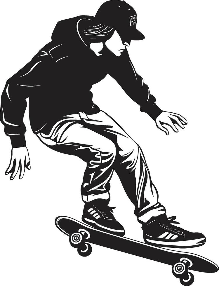 beton kenner zwart symbool met een Mens Aan een skateboard snelheid visie strak vector icoon van een skateboarden Mens in zwart
