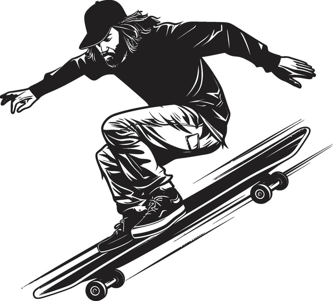 skateboard gevoel zwart logo ontwerp oproepen tot de sensatie van rijden sensatie tiran iconisch vector symbool van een Mens Aan een skateboard in zwart