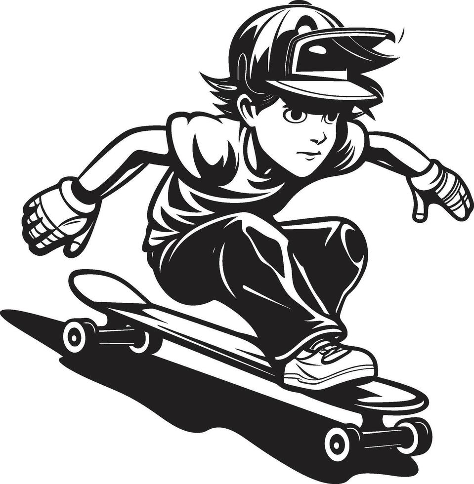 skateboard synchronie zwart logo ontwerp vastleggen de harmonie van rijden stad schuif vector symbool van een Mens Aan een skateboard in strak zwart