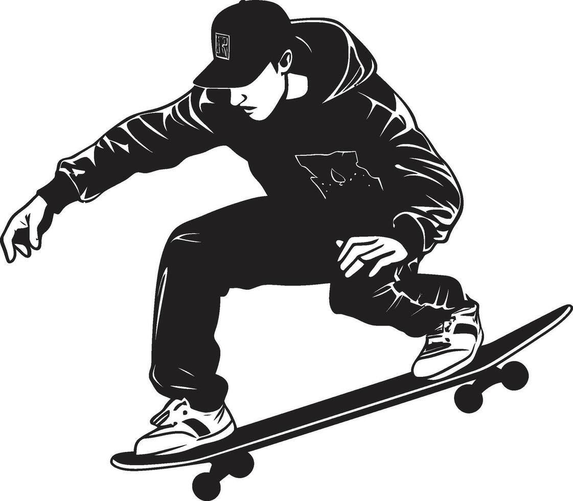 straat beeldhouwer gespannen vector symbool van een Mens Aan een skateboard in zwart skateboard sonate zwart logo ontwerp vastleggen de harmonie van rijden