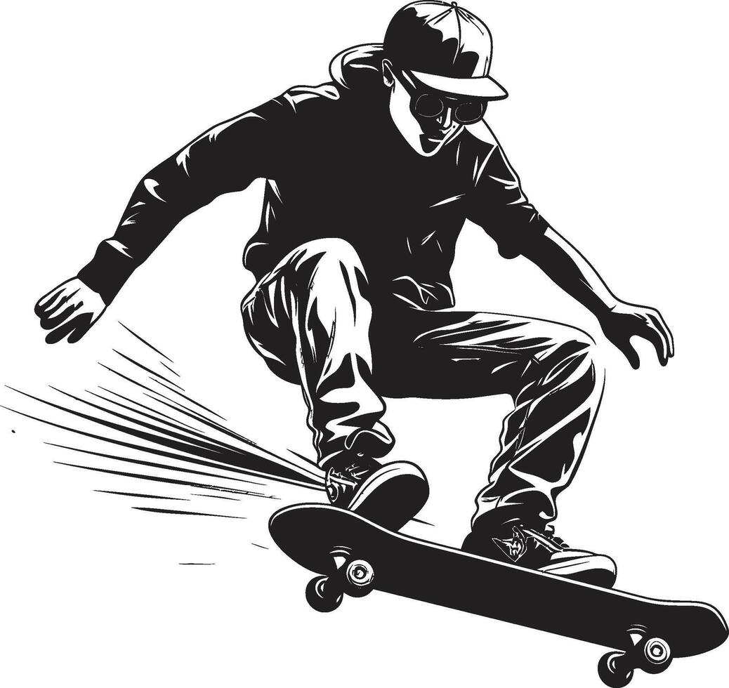 sensatie treder gespannen zwart logo ontwerp met een skateboarden Mens icoon rollend rapsodie vector zwart symbool uitdrukken de melodie van rijden