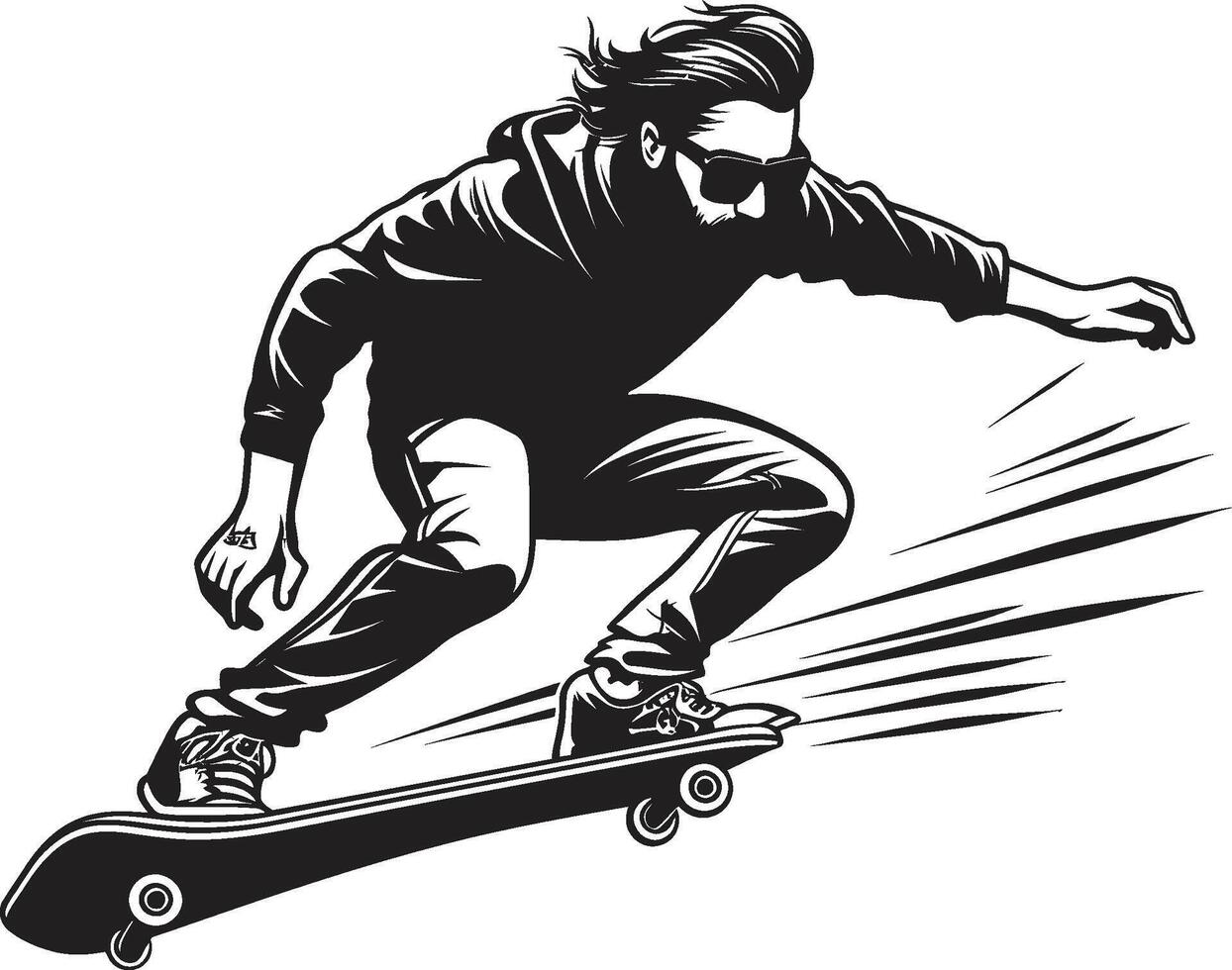 beton kenner zwart symbool met een Mens Aan een skateboard snelheid visie strak vector icoon van een skateboarden Mens in zwart