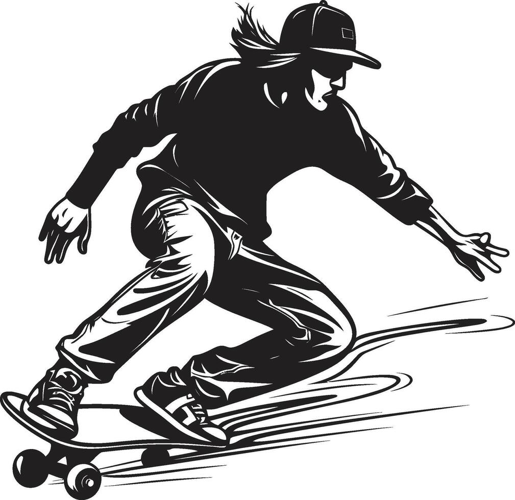 beton kenner zwart symbool met een Mens Aan een skateboard snelheid visie strak vector icoon van een skateboarden Mens in zwart
