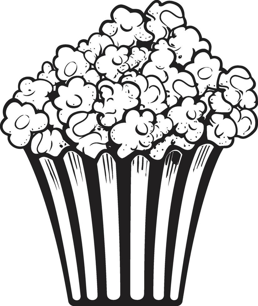 Tussendoortjestijd chique zwart logo ontwerp met een iconisch popcorn symbool filmische genot vector zwart icoon voor onweerstaanbaar popcorn genoegen