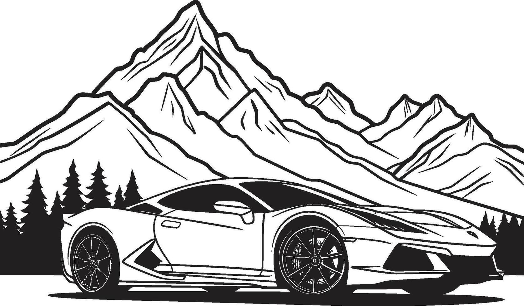hoogtepunt prestige zwart vector symbool van een sport- auto uitblinken Aan berg wegen episch verhoging strak zwart logo ontwerp met een dynamisch sport- auto icoon Aan bergachtig trails