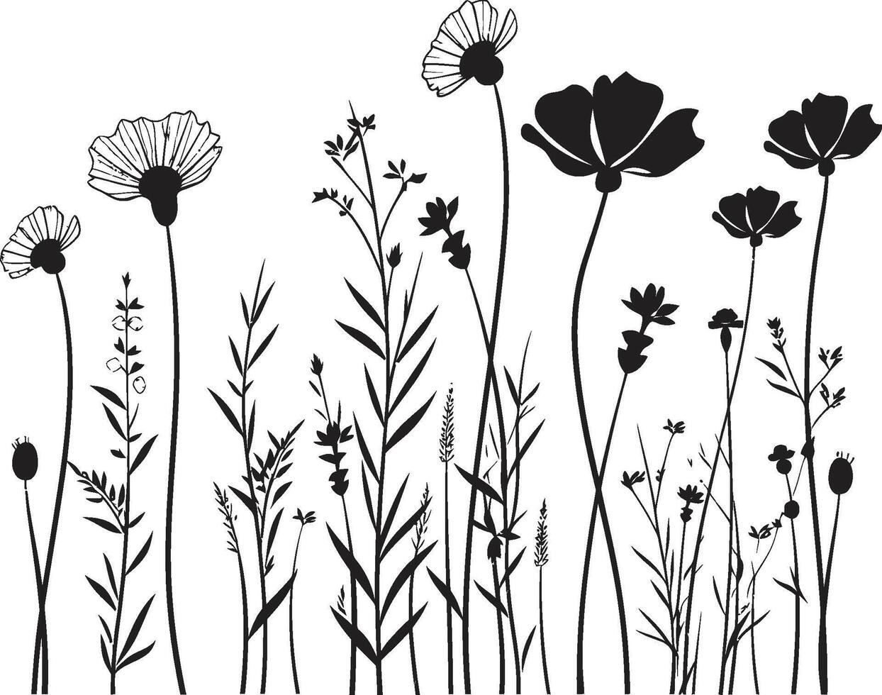 weide elegantie dynamisch zwart logo ontwerp met wilde bloemen vector botanisch kalmte iconisch zwart symbool met wilde bloemen ontwerp