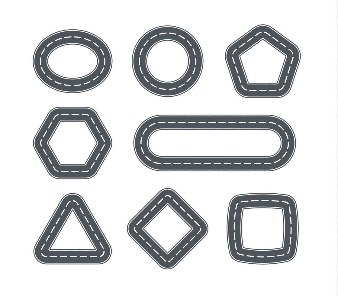 wegpictogrammen voor auto's in de vorm van een kaartelement met geometrische vormen. set van gesloten lijn van autosporen. geïsoleerde vectorillustratie. bovenaanzicht grafische elementen voor speelgoedontwerp. vector