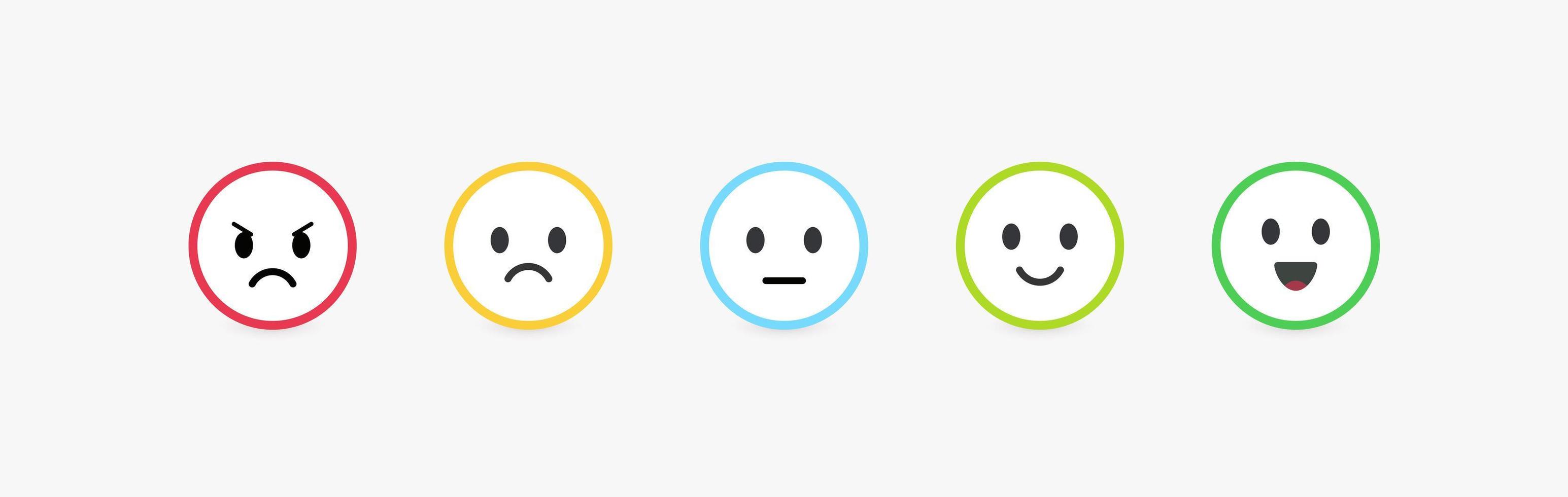 set van vector emoticons met verschillende emoties. feedbackschaal, klantbeoordeling en beoordeling van de kwaliteit van goederen of diensten. ronde emoji met heldere kleurrijke contour, platte vectorillustratie.