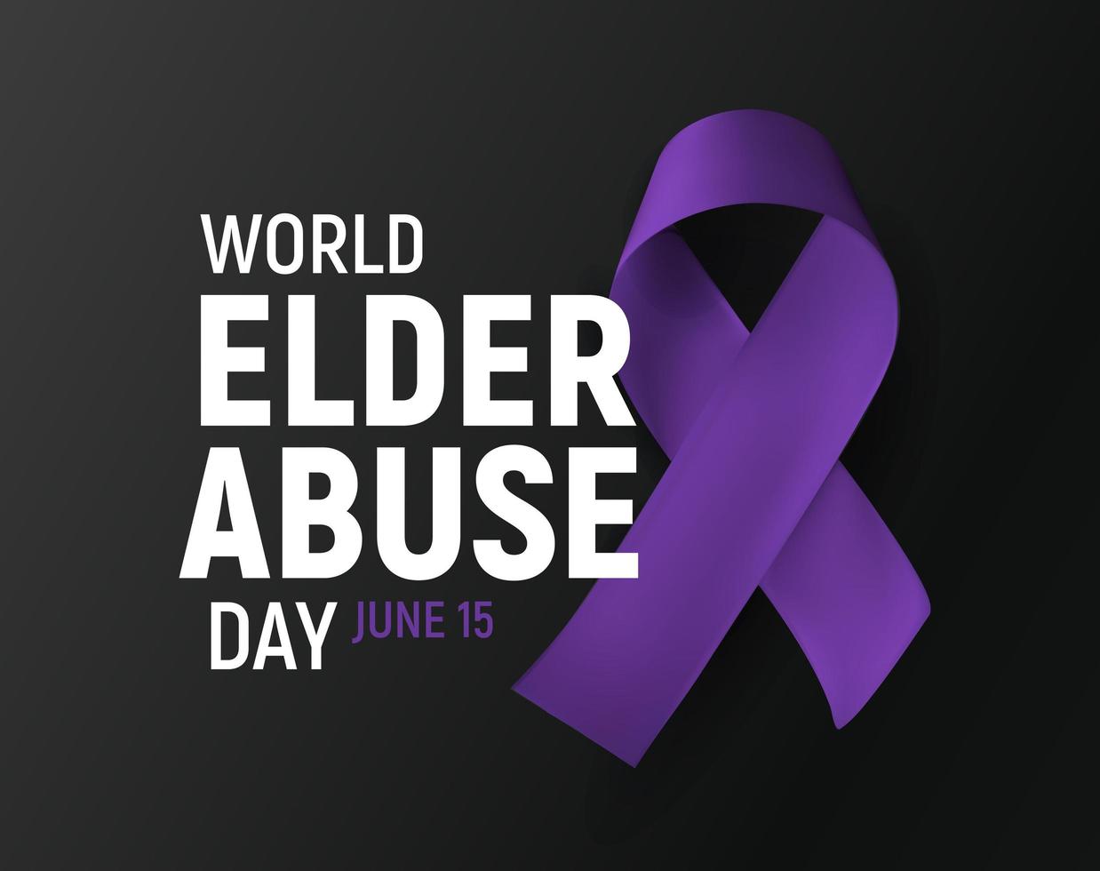 wereld ouderenmishandeling dag banner, poster voor bewustzijn van ouderen sociaal probleem, paarse lint menselijke wreedheid symbool, vectorillustratie. vector