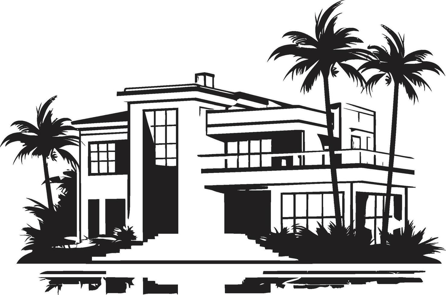 lucht hoog woningen insigne panoramisch visie logo van een modern villa villa verve insigne iconisch logo met modern villa icoon vector
