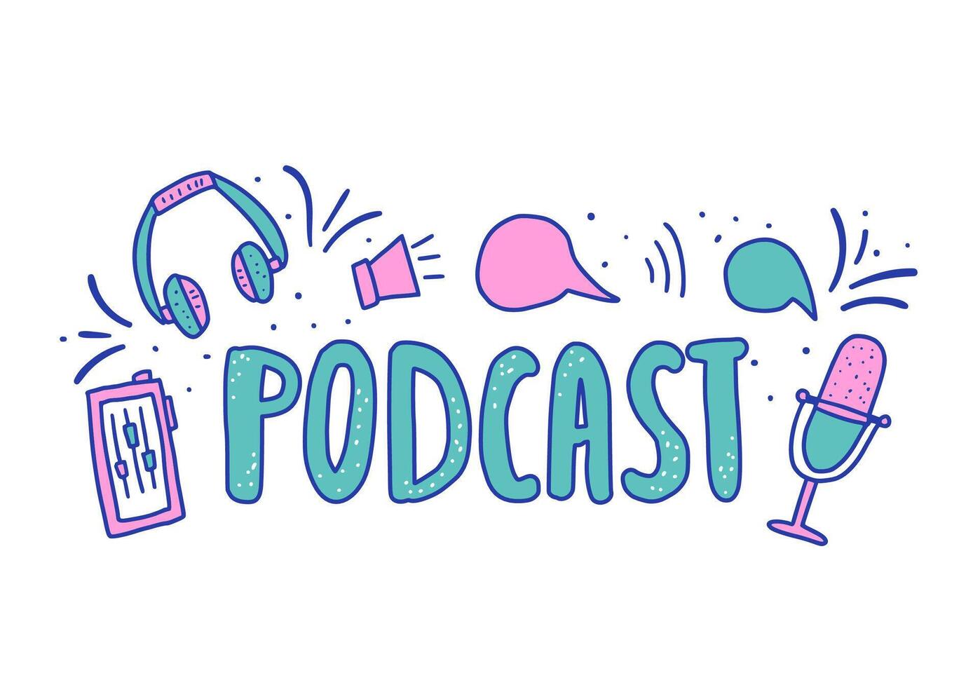 podcast belettering met decoratie. vector ontwerp.