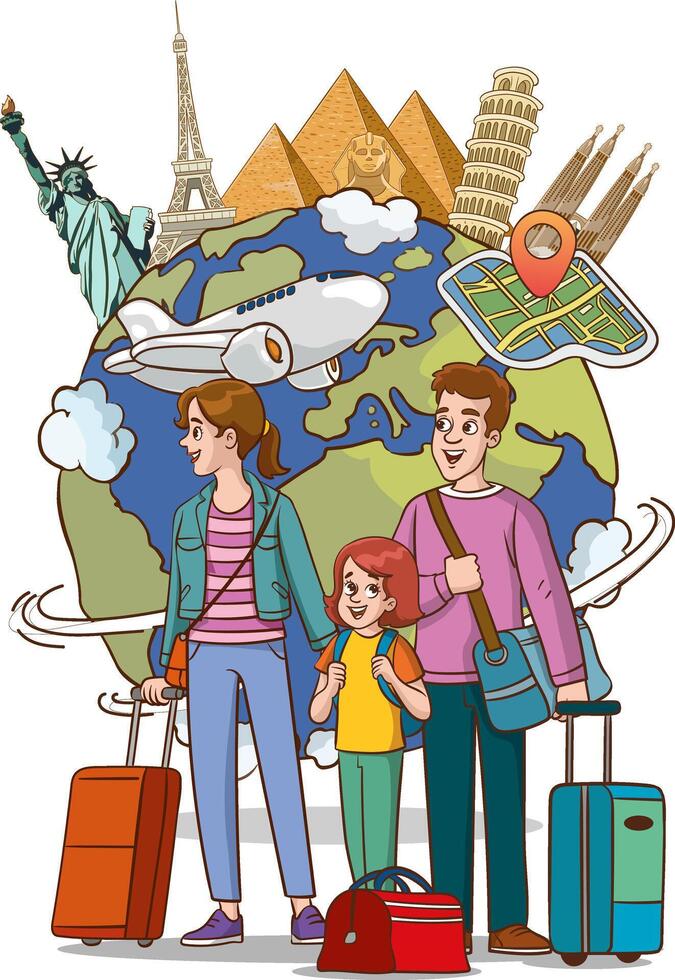 op reis familie gaan Aan vakantie afgebeeld in de omgeving van een wereld wereldbol met reizen artikelen. vector