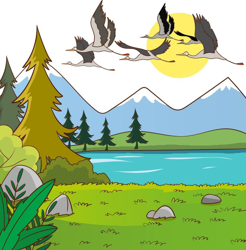 illustratie van migrerend vogelstand vliegend in tekenfilm stijl.vector illustratie van migrerend vogelstand in de lucht in natuur landschap. vector