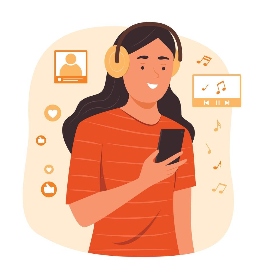 jong vrouw luisteren naar muziek- en aan het kijken online inhoud van smartphone concept illustratie vector