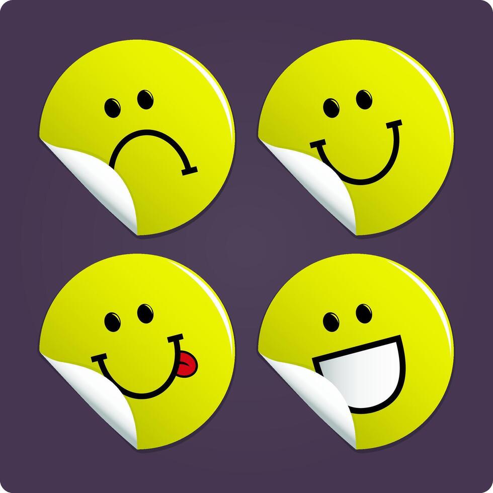 kleverig etiket reeks met gelukkig gezicht pictogrammen. geel glimlachen gezicht stickers. gelukkig glimlachen gezicht etiket vorm set. sticker set. vector illustratie