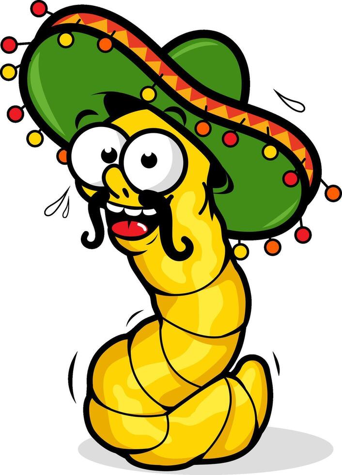 tekenfilm tequila worm met een Mexicaans sombrero hoed. cinco de mayo tequila drinken viering. mariachi feest. vector illustratie