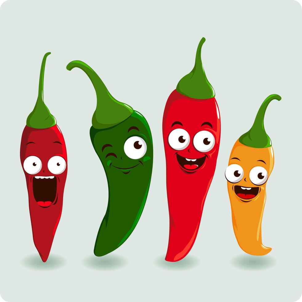 heet Chili peper tekens van verschillend kleuren en maten. gelukkig tekenfilm Chili paprika's. vector illustratie