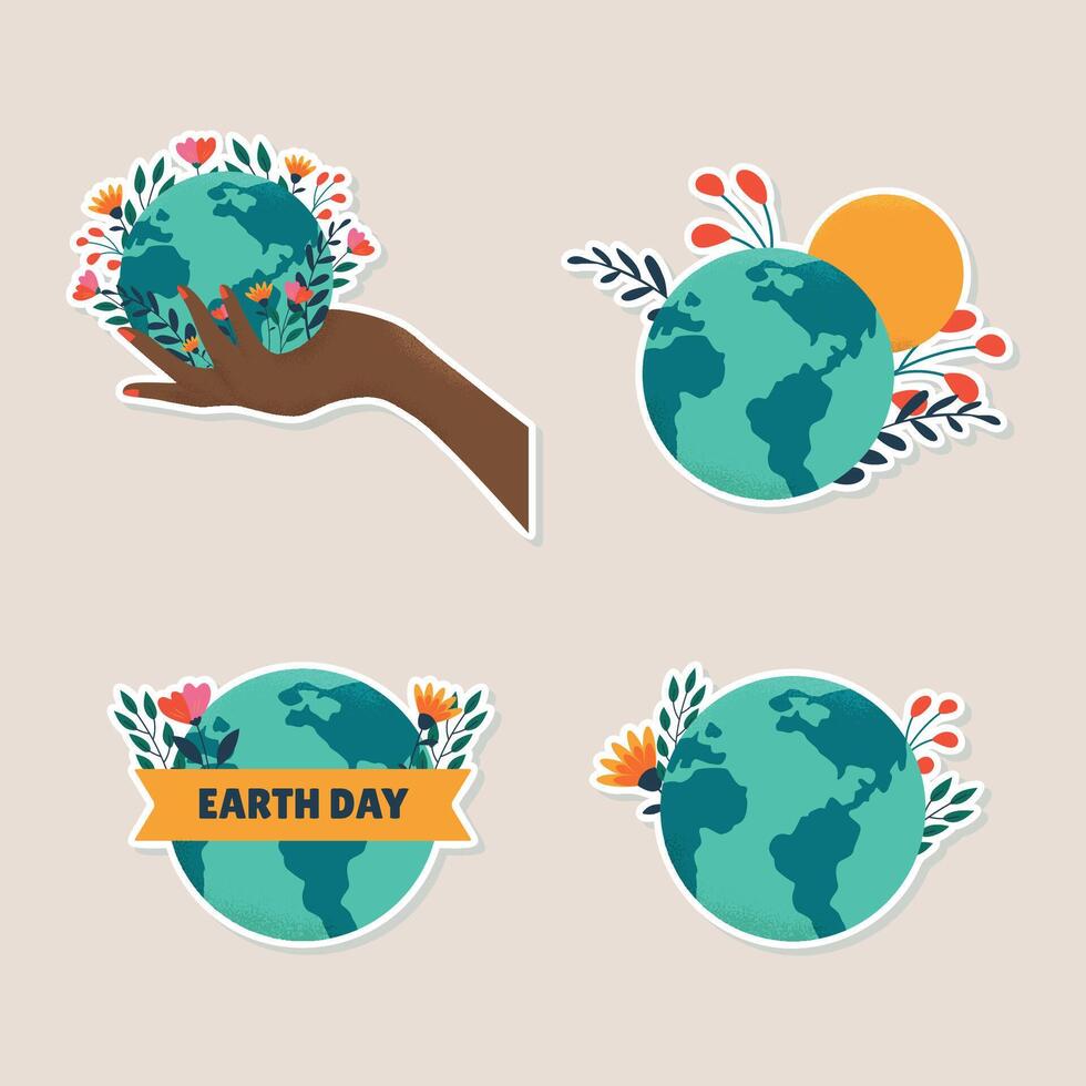 hand- getrokken stickers verzameling voor aarde dag viering vector