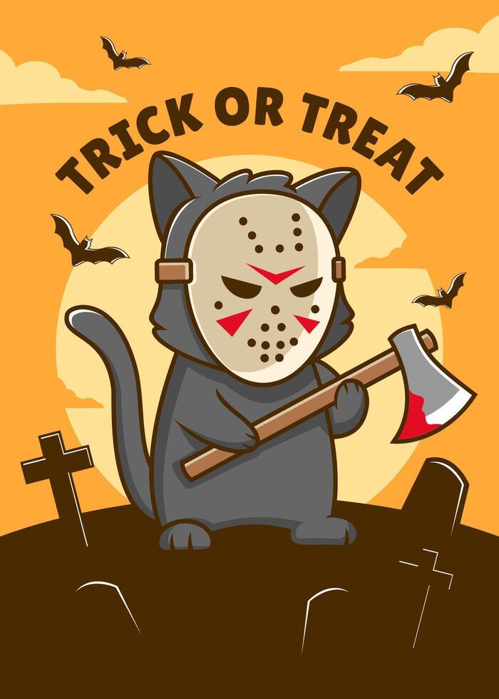 gelukkig halloween grappig kat met vleermuizen, pompoen, schedel. vector illustratie