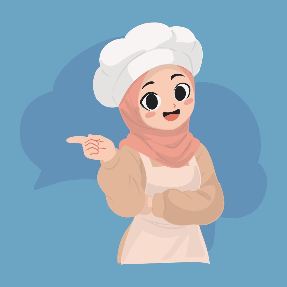 jong hijab chef richten naar haar Rechtsaf kant vector