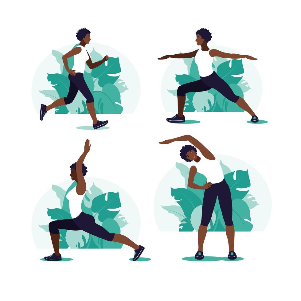 afrikaanse vrouw die in het park traint. buitensport. gezonde levensstijl en fitness concept. vectorillustratie in vlakke stijl. vector