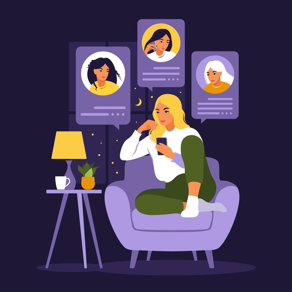 vrouw zittend op de bank met telefoon. vrienden praten over telefoon nacht. chat vrienden. vlakke stijl. vectorillustratie geïsoleerd op wit. vector