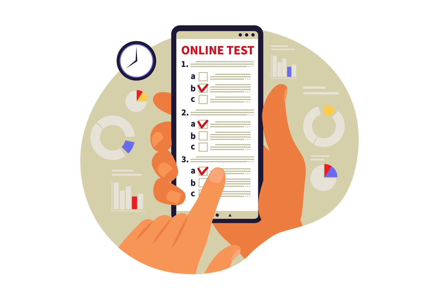 concept online testen, e-learning, examen op de telefoon. vectorillustratie. vlak vector