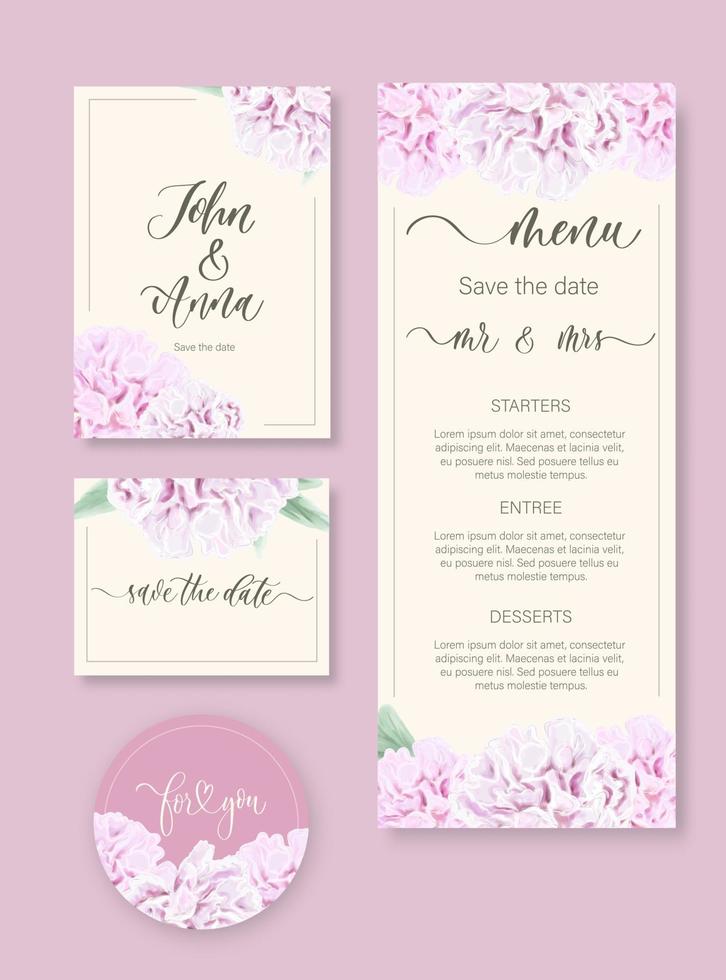 bruiloft aquarel bloemen uitnodiging, dank u, antwoord, menu, rsvp met zacht aquarel bloemen pioenroos. vector