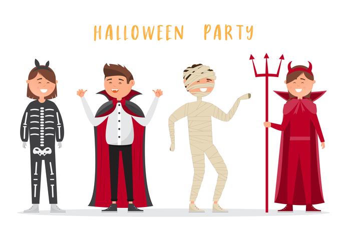 Halloween-kinderen dragen kostuum voor feest. Groep kinderen die op witte achtergrond worden geïsoleerd. vector