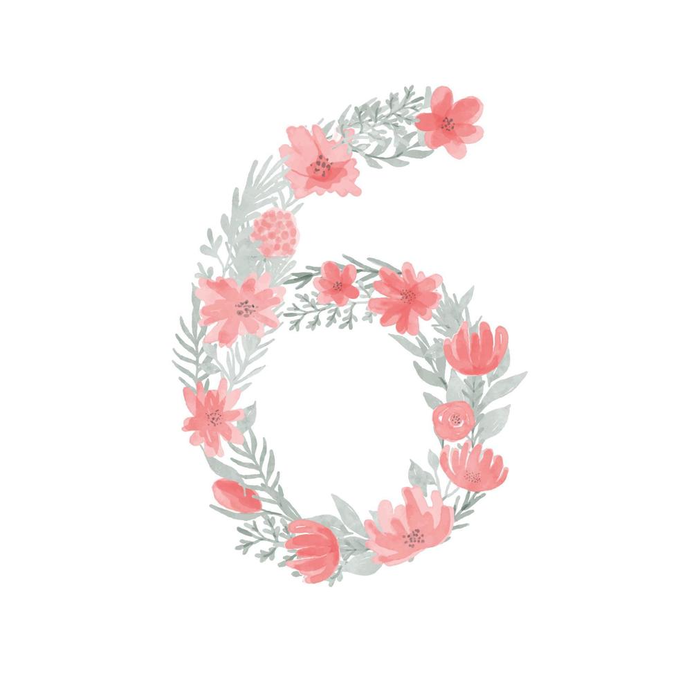 bloemen aquarel nummer 6. nummer zes gemaakt van bloemen. nummer monogram. vector