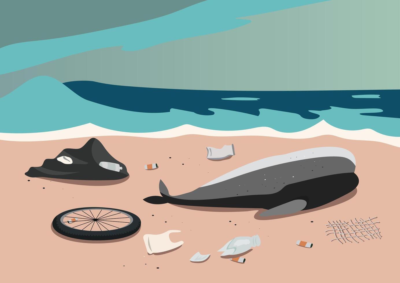 een reusachtig walvis karkas gestrand Aan strand met menselijk verspilling verontreiniging in de omgeving van achtergrond vector
