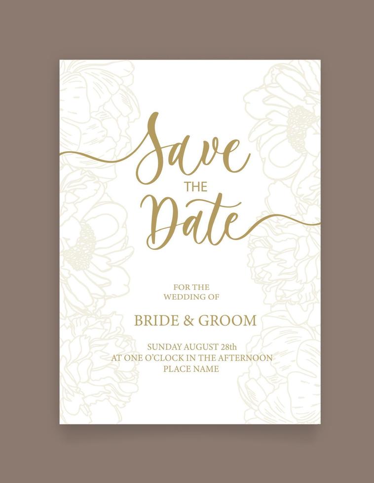bewaar de datumkaart. bruiloft uitnodiging sjabloon, met bloemen pioenroos in de rij. minimalisme stijl met kalligrafie. vector