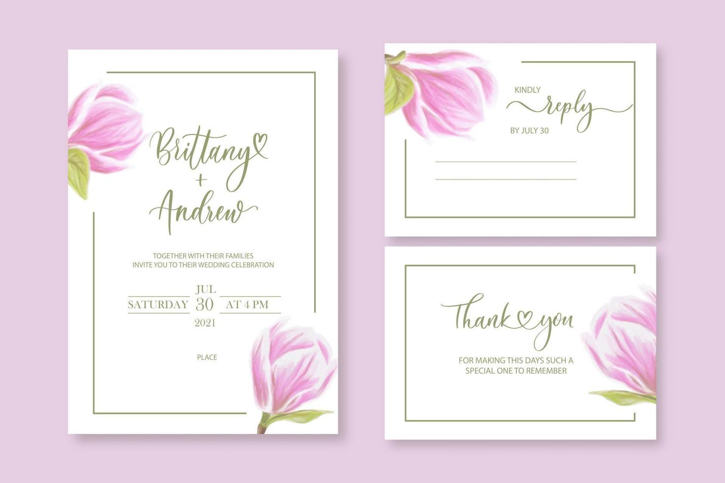 bruiloft vector bloemen uitnodigen uitnodiging dank u, antwoord aquarel ontwerp instellen magnolia roze bloemen elegant.