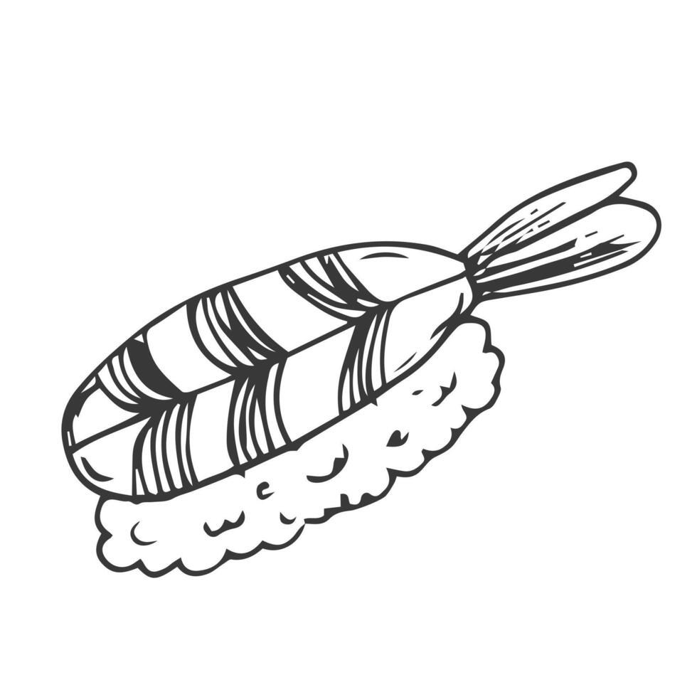 tekening sushi nigiri met garnaal. vector illustratie lijn schetsen