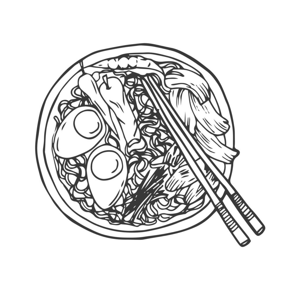 hand- getrokken ramen Japan noodle soep. lijn tekening schetsen vector