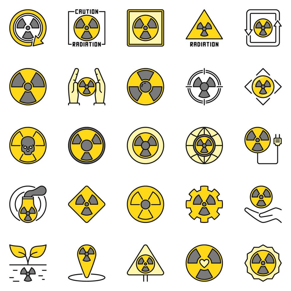 straling waarschuwing gekleurde pictogrammen. nucleair radioactief concept tekens vector