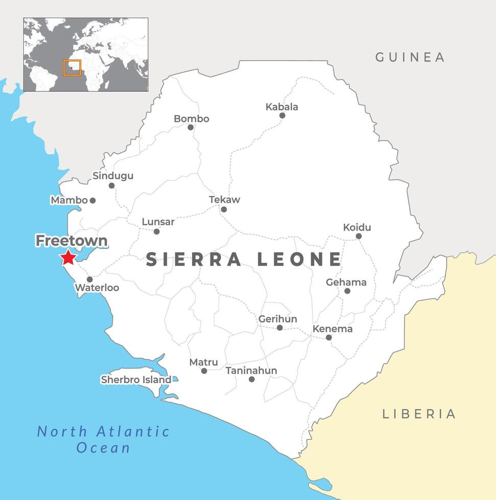 Sierra Leone politiek kaart met hoofdstad vrijstad, meest belangrijk steden met nationaal borders vector