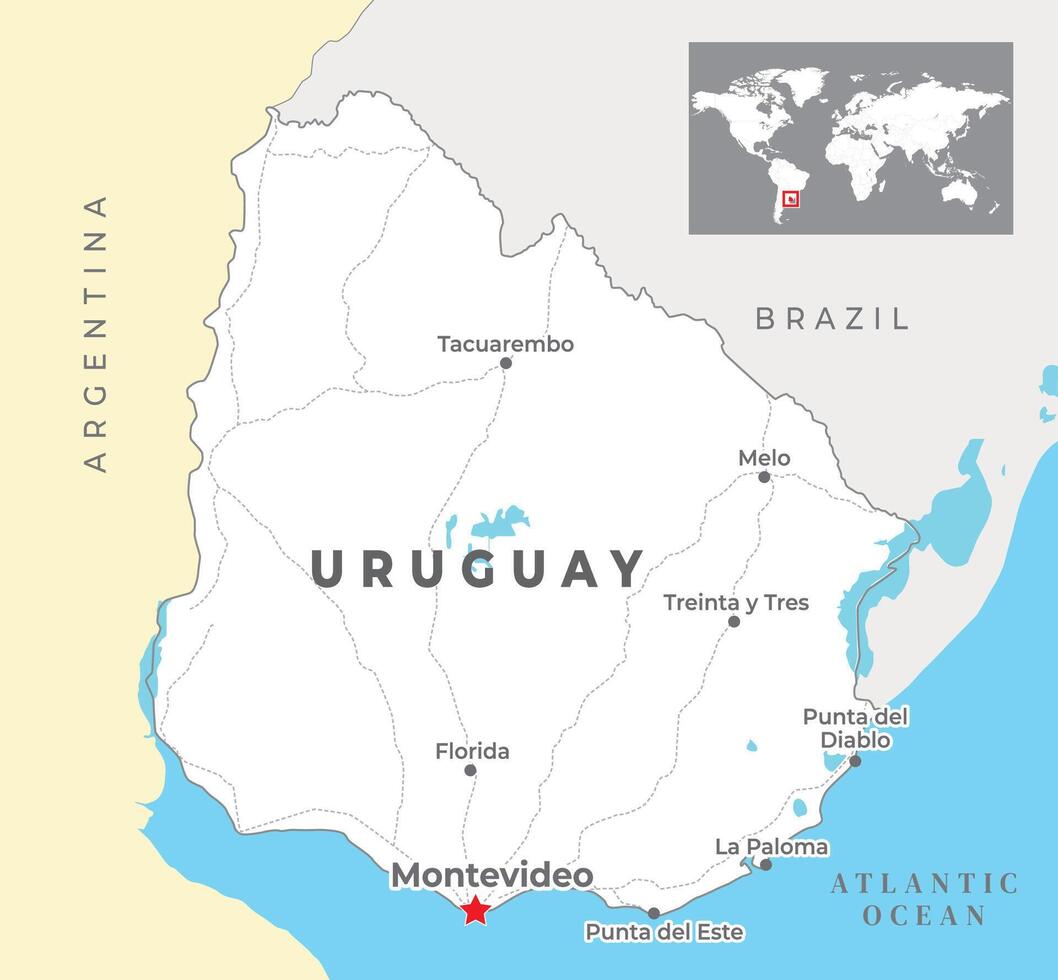 Uruguay politiek kaart met hoofdstad Montevideo, meest belangrijk steden met nationaal borders vector