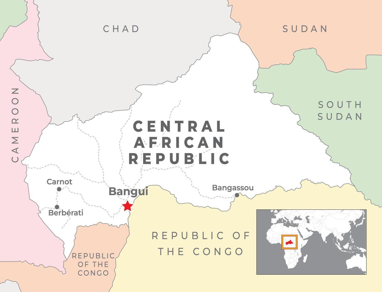 centraal Afrikaanse republiek politiek kaart met hoofdstad Bangui, meest belangrijk steden met nationaal borders vector