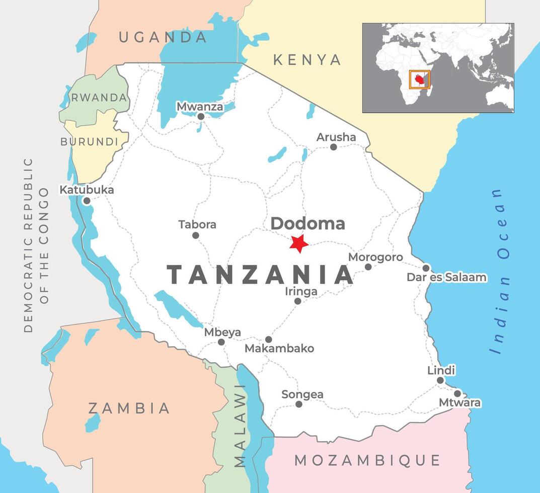 Tanzania politiek kaart met hoofdstad dodoma, meest belangrijk steden met nationaal borders vector