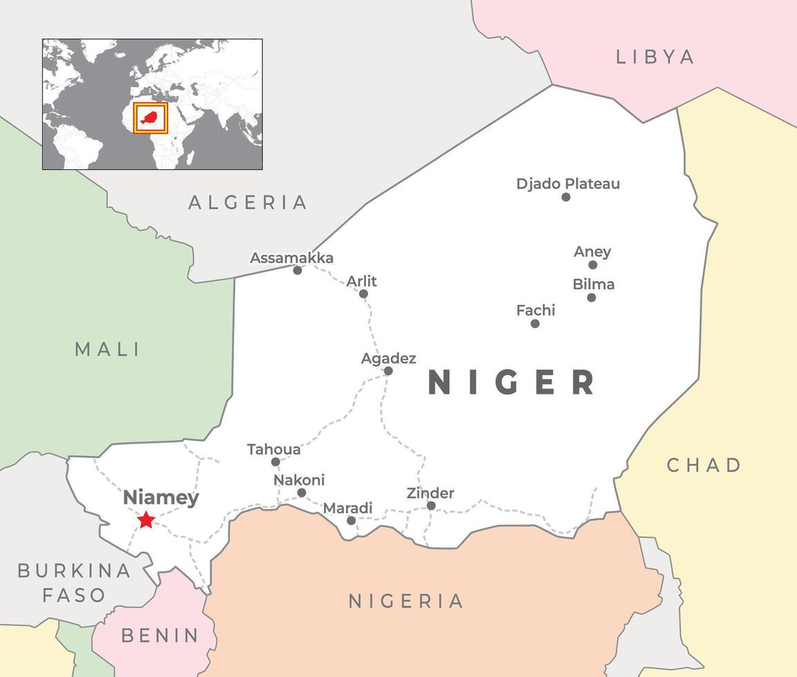 Niger politiek kaart met hoofdstad Niamey, meest belangrijk steden met nationaal borders vector