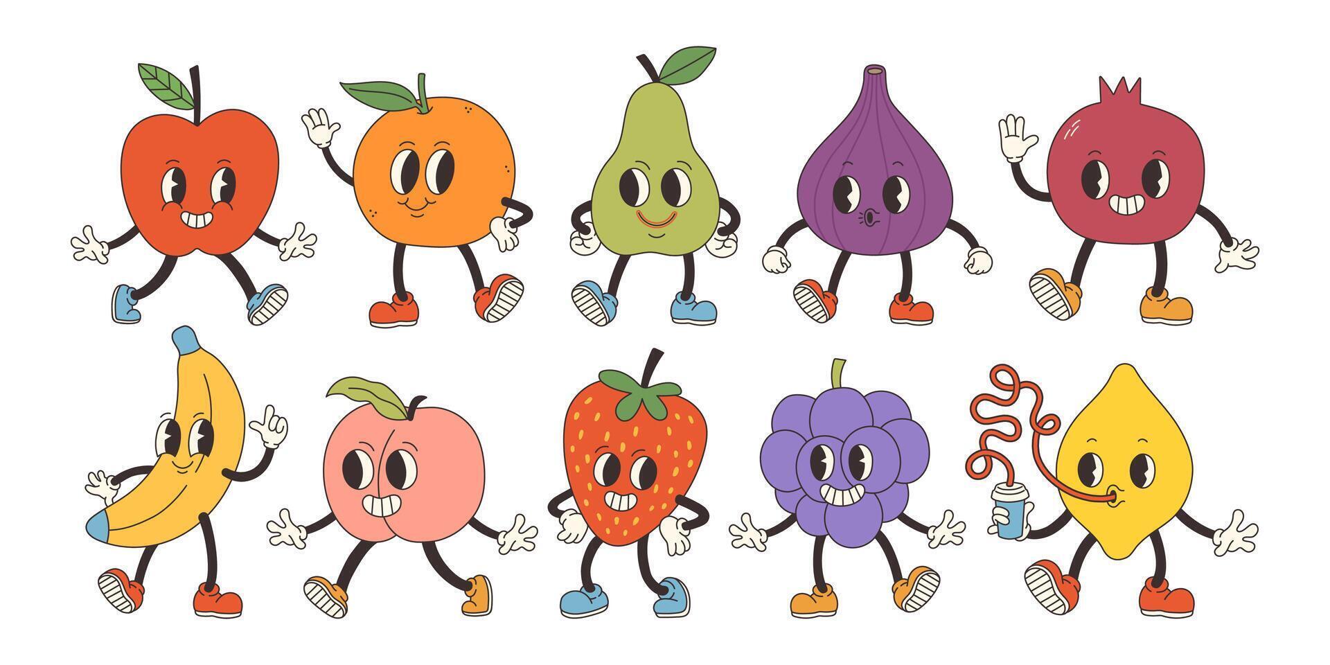 groovy fruit set. hand- trek grappig retro wijnoogst modieus stijl fruit tekenfilm karakter illustratie. tekening grappig verzameling. vector illustratie