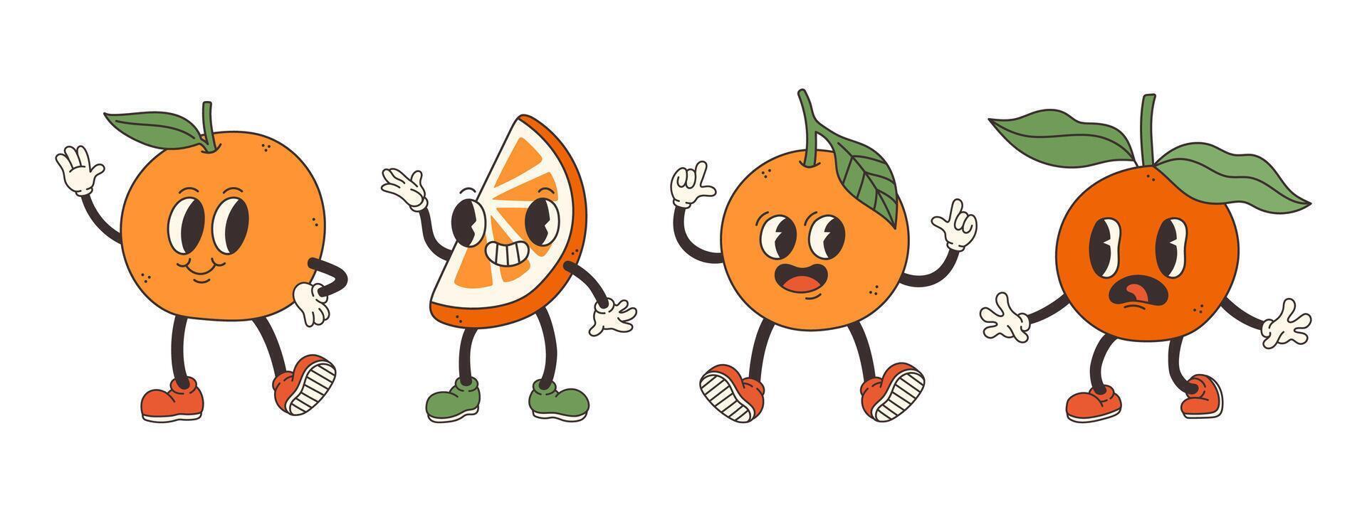 groovy oranje set. hand- trek grappig retro wijnoogst modieus stijl oranje tekenfilm karakter illustratie. tekening grappig verzameling. vector illustratie